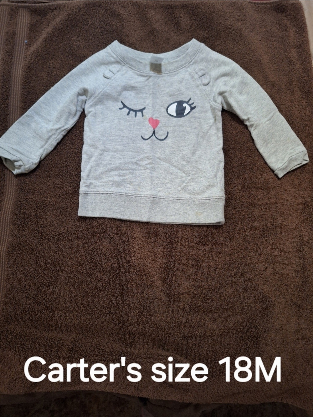 Carter's Light Gray Toddler Cat Face Sweatshirt with Pink Heart Nose